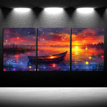 3pcs Small boat in the lake with Sunset view Metal Print Ready to Hang Art - Bella Home Decor