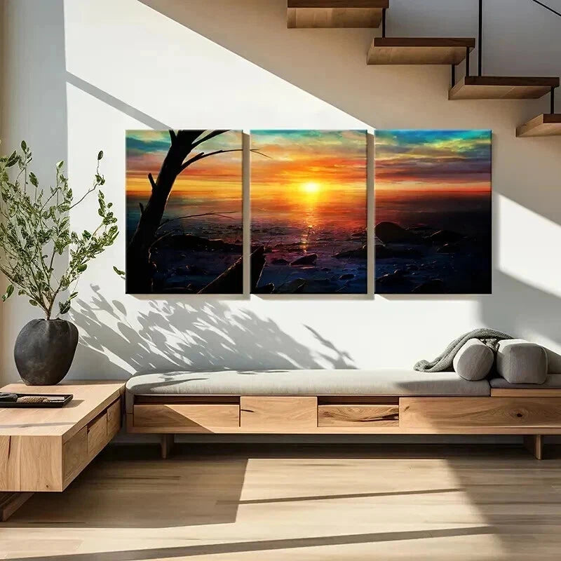 3pcs Vibrant Sunset by the Sea Landscape Wall Art Set Canvas Framed 60x90cm - High Quality Print 100% Australian Made Wall Canvas Ready to Hang - Bella Home Decor