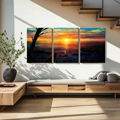 3pcs Vibrant Sunset by the Sea Landscape Wall Art Set Canvas Framed 60x90cm - High Quality Print 100% Australian Made Wall Canvas Ready to Hang - Bella Home Decor