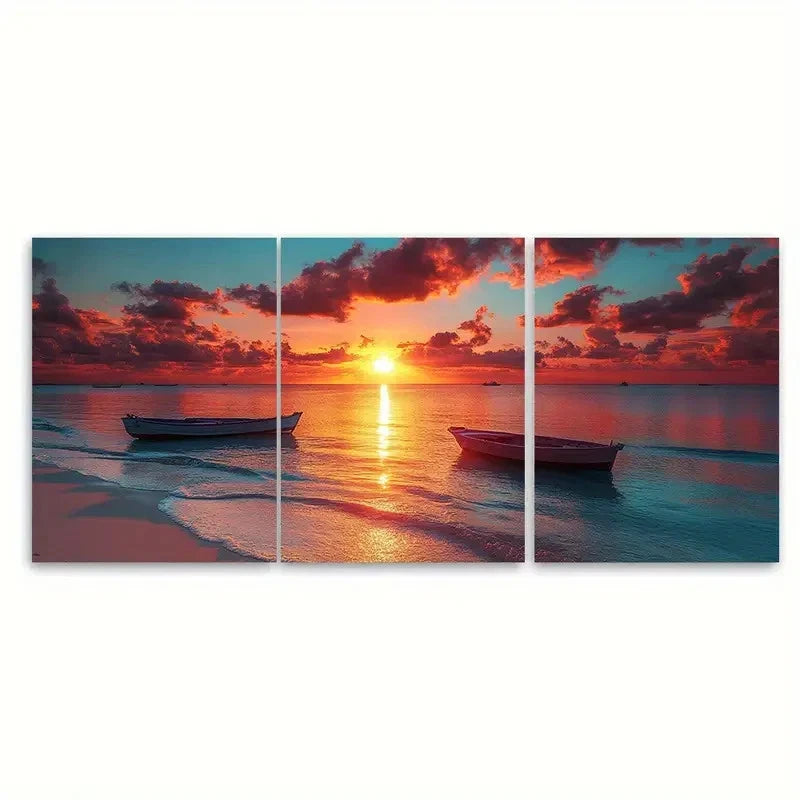 3pcs Coastal Beach Scene with Boats Horizon Metal Print Ready to Hang Art - Bella Home Decor