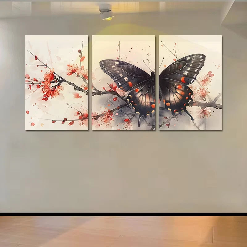 3pcs Butterfly with Red Florals Branch Wall Art Set Canvas Framed 60x90cm - High Quality Print 100% Australian Made Wall Canvas Ready to Hang - Bella Home Decor
