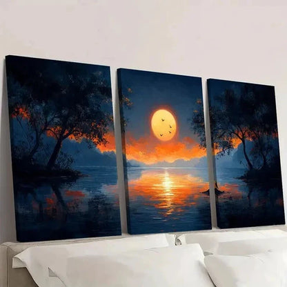 3pcs Sunset Serene Lake & Tree Silhouette Wall Art Canvas Unframed - High Quality Print 100% Australian Made Wall Canvas