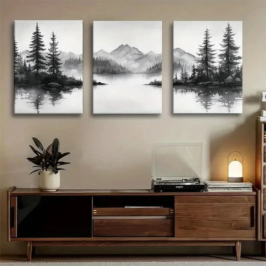 3pcs Black and White Forest Nature Misty Perfect Wall Art Set Canvas Framed 60x90cm - High Quality Print 100% Australian Made Wall Canvas Ready to Hang