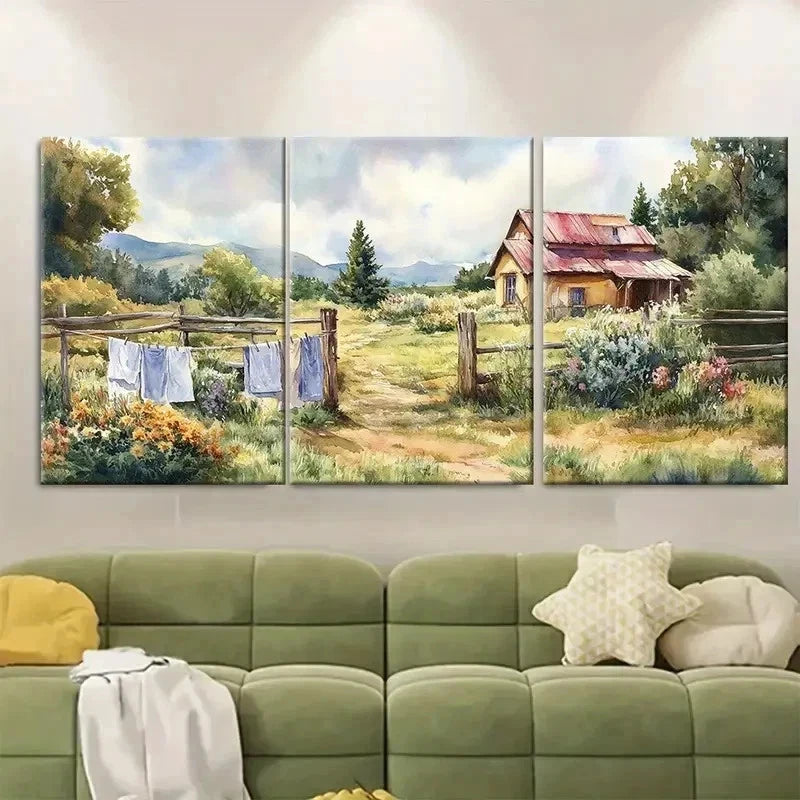 3pcs Rural Cottagecore Laundry DW  Wall Art Set Canvas Framed 60x90cm - High Quality Print 100% Australian Made Wall Canvas Ready to Hang