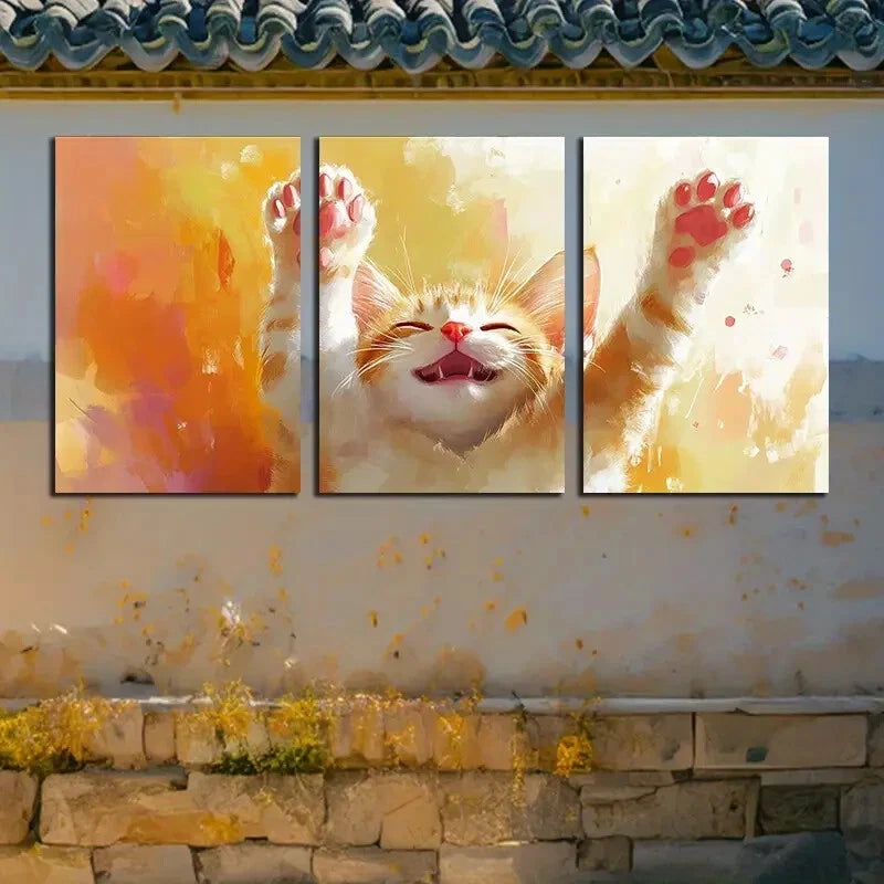 3pcs Vibrant Cat with outstretched hand Metal Print Ready to Hang Art - Bella Home Decor