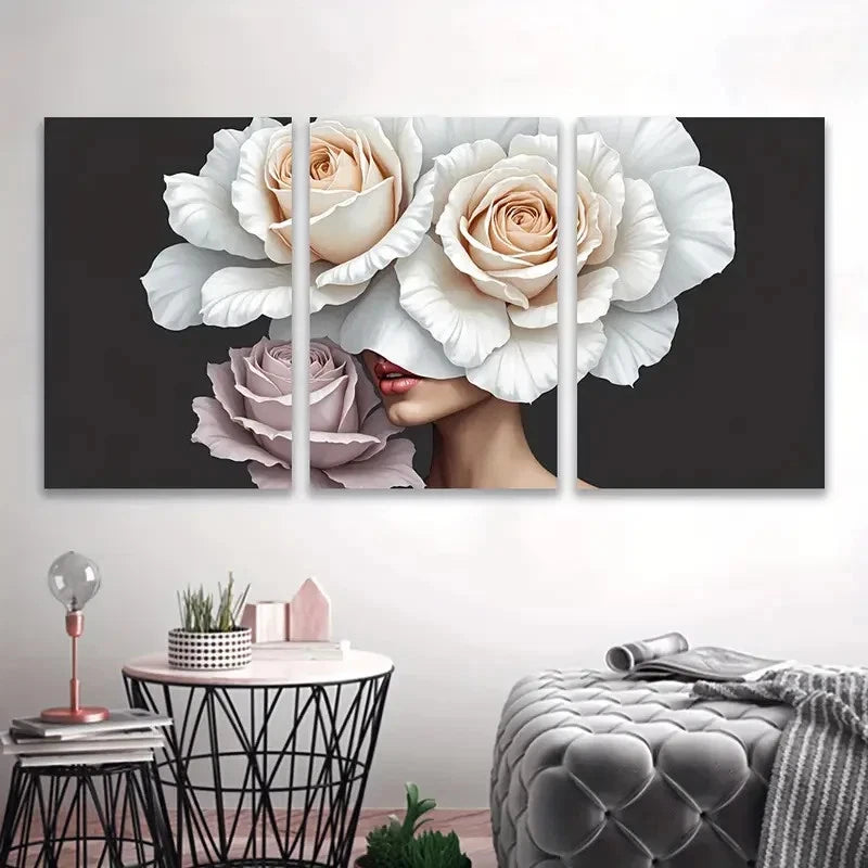 3pcs White Woman Floral Portrait Wall Art Set Canvas Framed 40x60cm - High Quality Print 100% Australian Made Wall Canvas Ready to Hang