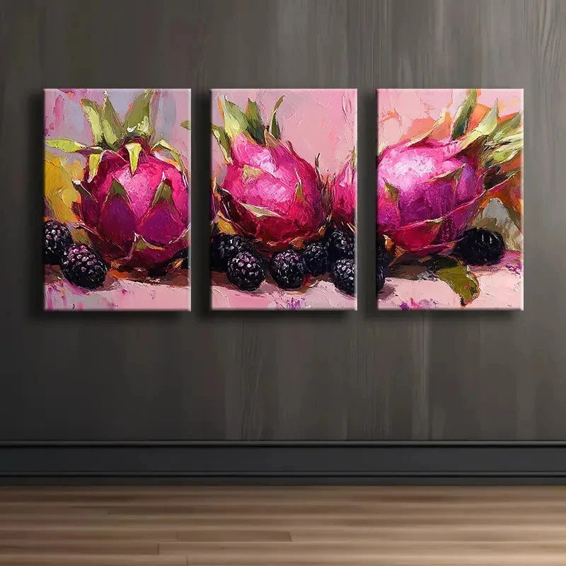 3pcs Dragon Fruit and Blackberries Wall Art Set Canvas Framed 50x70cm - High Quality Print 100% Australian Made Wall Canvas Ready to Hang - Bella Home Decor