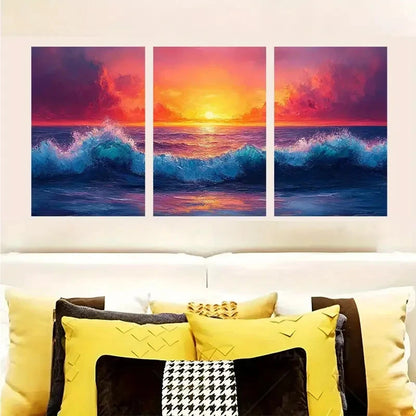 3pcs Vibrant Sunset Over Crashing Ocean Waves Wall Art Set Canvas Framed 40x60cm - High Quality Print 100% Australian Made Wall Canvas Ready to Hang - Bella Home Decor