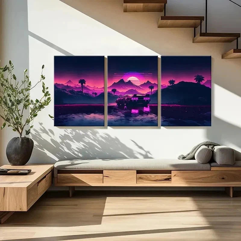 3pcs Vibrant Vaporwave & Cyberpunk Car Wall Art Set Canvas Framed 60x90cm - High Quality Print 100% Australian Made Wall Canvas Ready to Hang