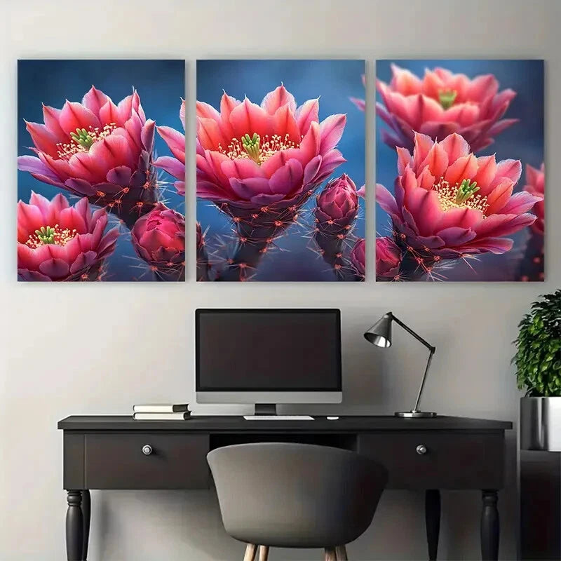 3pcs Vibrant Pink Blooming Flowering Cactus Floral Metal Print Ready to Hang Art - Bella Home Decor