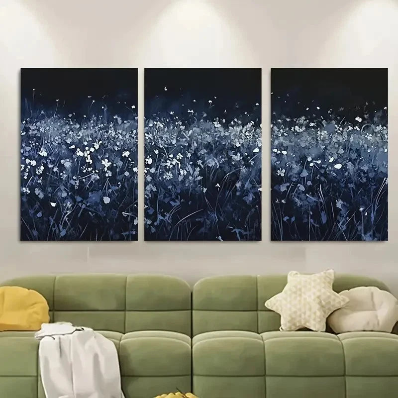 3pcs Deep Blue Night Meadow Floral Design Metal Print Ready to Hang Art - Bella Home Decor