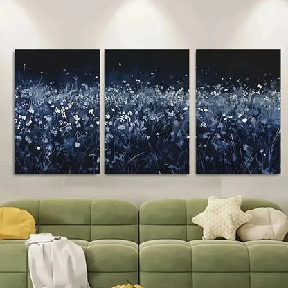 3pcs Deep Blue Night Meadow Floral Design Metal Print Ready to Hang Art - Bella Home Decor
