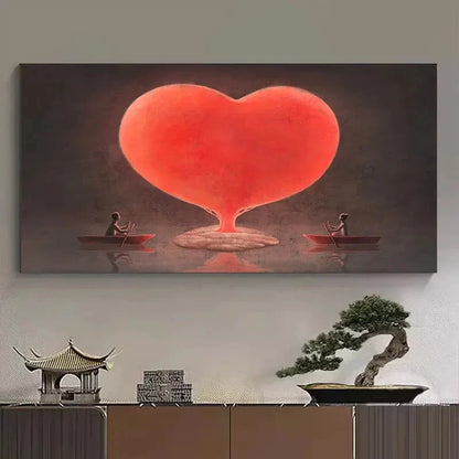 Vibrant Red Heart With Boats Wall Art Canvas Office Home Room Framed 120x60cm