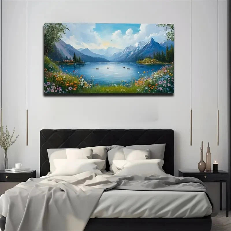 Mountains Lake Spring Flowers Wall Art Canvas Office Home Room Framed 120x60cm