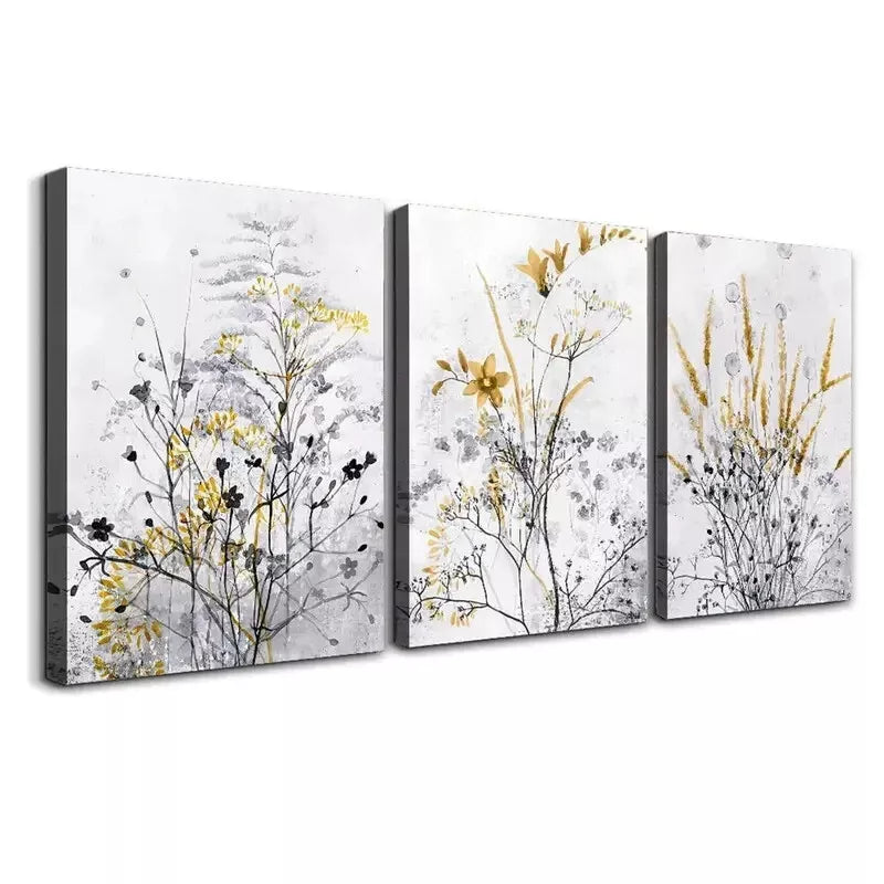 3pcsGrey Wildflowers and Weeds Wall Art Set Canvas Framed 50x70cm - High Quality Print 100% Australian Made Wall Canvas Ready to Hang