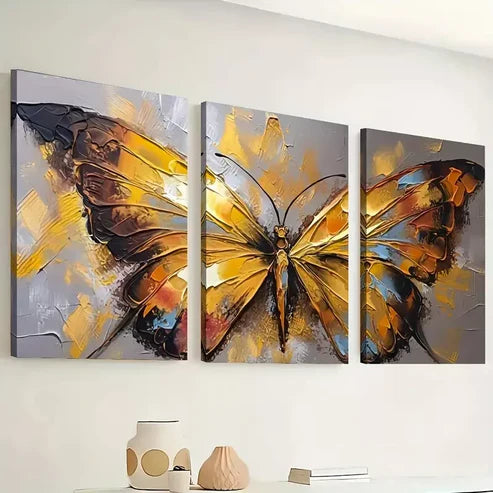 3pcs Retro Golden butterfly abstract painting Wall Art Canvas Unframed - High Quality Print 100% Australian Made Wall Canvas
