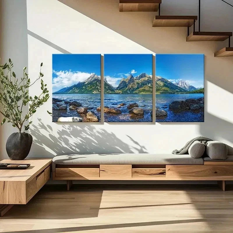3pcs Green Mountains and Lake Modern Wall Art Set Canvas Framed 60x90cm - High Quality Print 100% Australian Made Wall Canvas Ready to Hang - Bella Home Decor