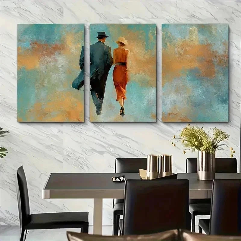 3pcs Vintage Couple Walking Retro Perfect Wall Art Set Canvas Framed 50x70cm - High Quality Print 100% Australian Made Wall Canvas Ready to Hang