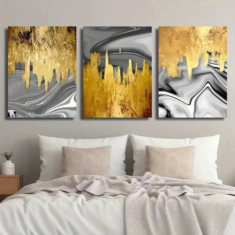 3pcs Golden & Silvery Fluid Design Perfect Wall Art Set Canvas Framed 50x70cm - High Quality Print 100% Australian Made Wall Canvas Ready to Hang - Bella Home Decor