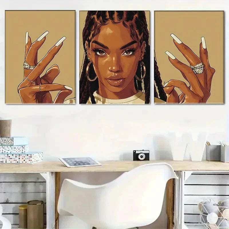 3pcs African American Girl with Long Nails Metal Print Ready to Hang Art - Bella Home Decor