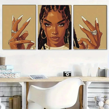 3pcs African American Girl with Long Nails Metal Print Ready to Hang Art - Bella Home Decor