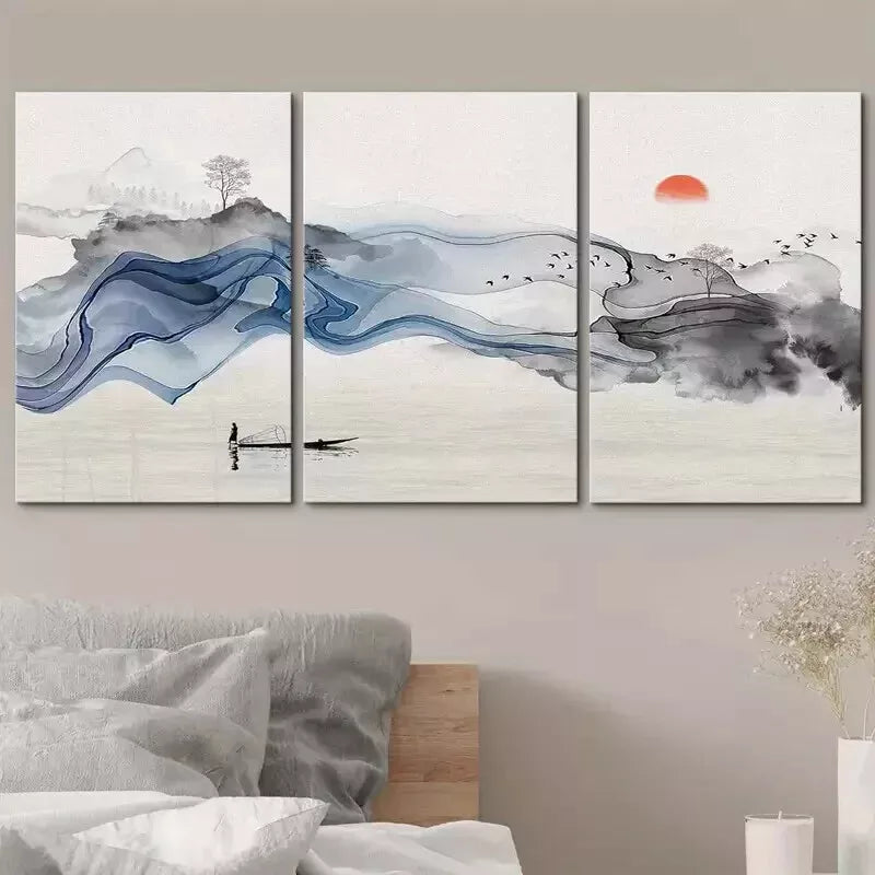 3pcs Chinese Landscape Painting Wall Art Set Canvas Framed 50x70cm - High Quality Print 100% Australian Made Wall Canvas Ready to Hang