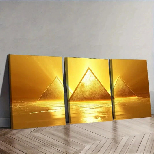 3pcs A glowing yellow triangle Wall Art Set Canvas Framed 40x60cm - High Quality Print 100% Australian Made Wall Canvas Ready to Hang