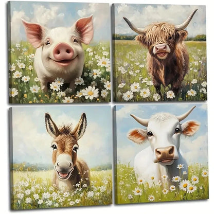 4pcs Pig,Cattle, Donkey & Cow with Floral Fields Wall Art Canvas Framed