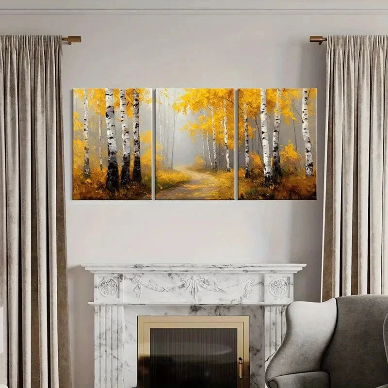 3pcs Autumn Birch Forest Pathway Warm Yellow Metal Print Ready to Hang Art - Bella Home Decor
