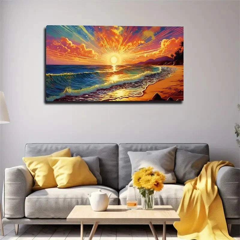 Seawater Big Sun Wall Art Canvas Office Home Room Framed 120x60cm