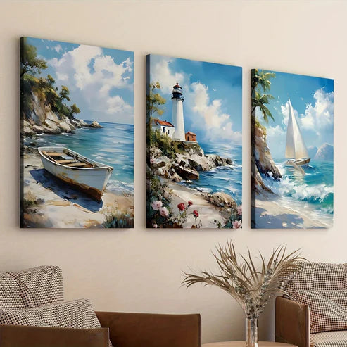 3pcs Beach House Light House Sail Boat Blue Sky Wall Art Set Canvas Unframed - High Quality Print 100% Australian Made Wall Canvas - Bella Home Decor