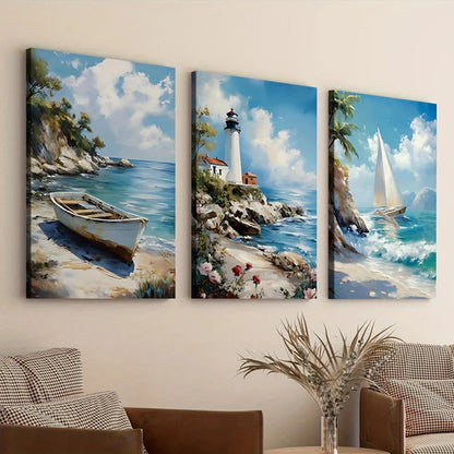 3pcs Beach House Light House Sail Boat Blue Sky Wall Art Set Canvas Unframed - High Quality Print 100% Australian Made Wall Canvas - Bella Home Decor