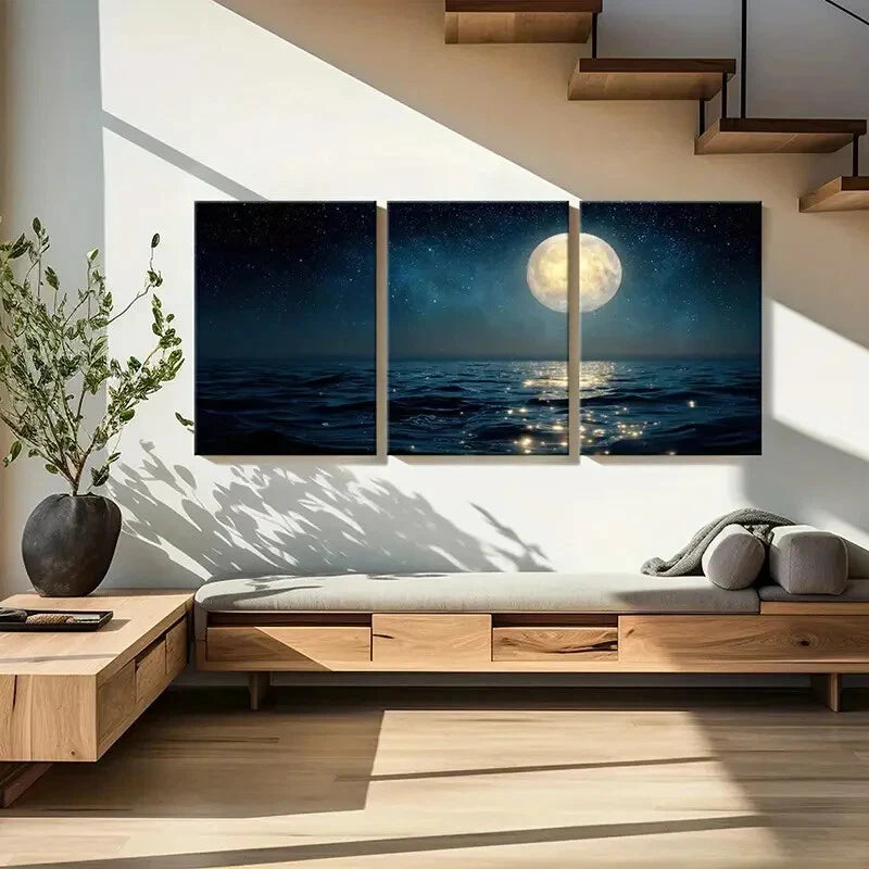 3pcs Moonlit Ocean Starry Sky Full Moon Reflection Metal Print Ready to Hang Art - Bella Home Decor