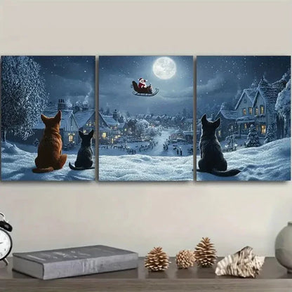 3pcs The dog looks at Santa Claus Wall Art Set Canvas Unframed - High Quality Print 100% Australian Made Wall Canvas