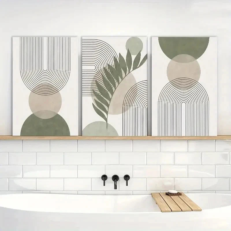 3pcs Sage Green Abstract Leaf & Geometric Design Metal Print Ready to Hang Art - Bella Home Decor