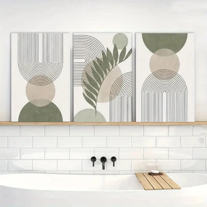 3pcs Sage Green Abstract Leaf & Geometric Design Metal Print Ready to Hang Art - Bella Home Decor