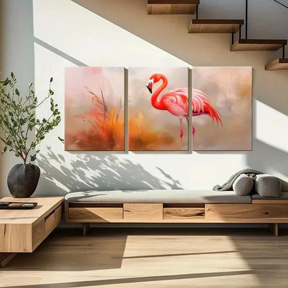 3pcs Pink Flamingo Abstract Animal Art Soft Colors Metal Print Ready to Hang Art - Bella Home Decor