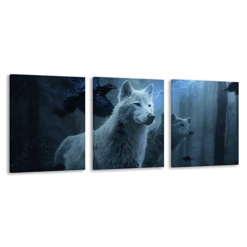 3pcs White Forest Scene with Howling Wolves   Wall Art Set Canvas Framed 50x70cm - High Quality Print 100% Australian Made Wall Canvas Ready to Hang - Bella Home Decor