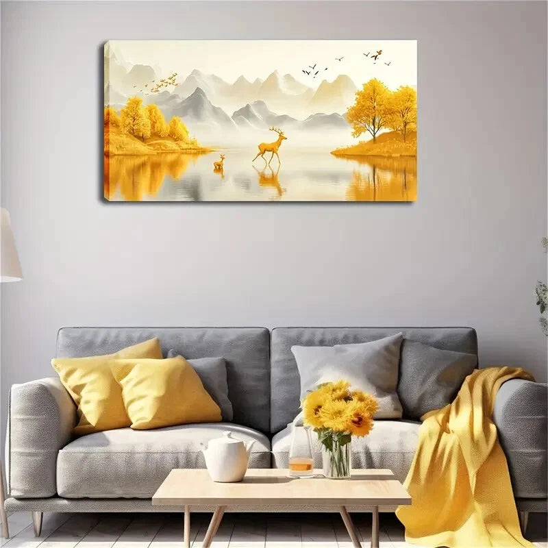 Golden Deer Cubs Lake Décor Wall Art Canvas Office Home Room Framed 120x60cm - Bella Home Decor