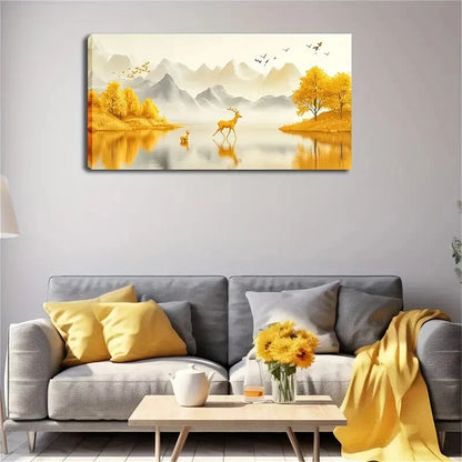 Golden Deer Cubs Lake Décor Wall Art Canvas Office Home Room Framed 120x60cm - Bella Home Decor