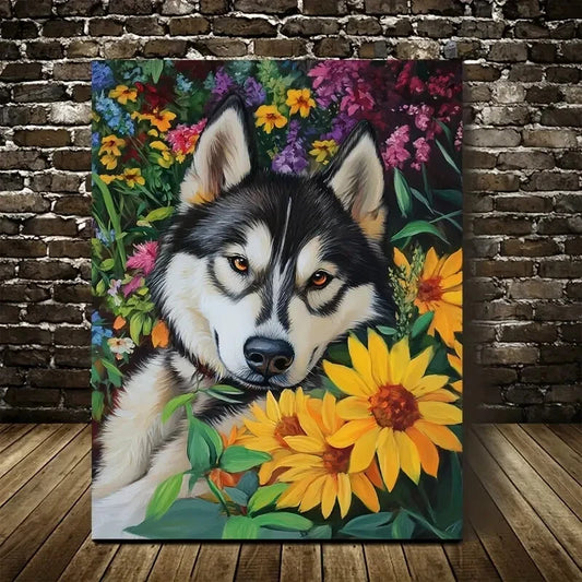 Flowers And Plants Cute Chow Chow Dog Painting 40x60cm Metal Print Ready to Hang - Bella Home Decor