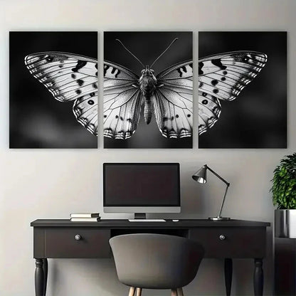 3pcs Elegant Monochrome Butterfly Nature Inspired Metal Print Ready to Hang Art