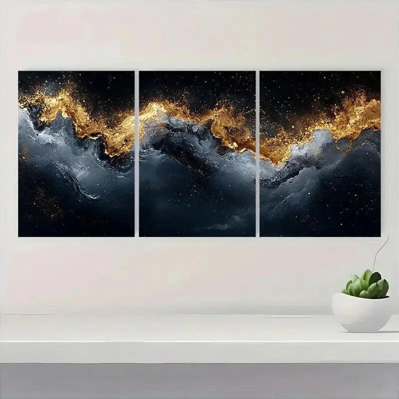 3pcs Abstract Golden Wave Black and White Texture Metal Print Ready to Hang Art - Bella Home Decor