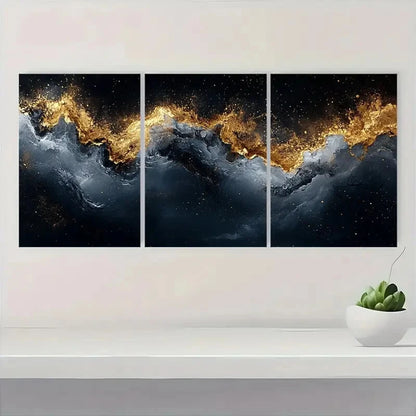 3pcs Abstract Golden Wave Black and White Texture Metal Print Ready to Hang Art - Bella Home Decor