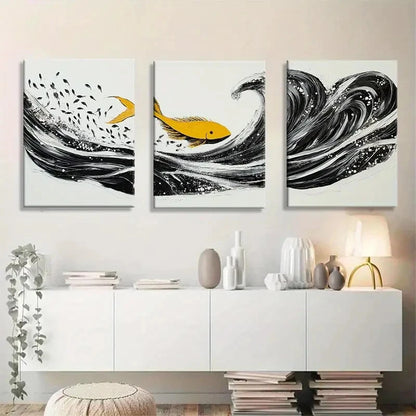3pcs Modern Abstract Golden Fish Ocean Wave Metal Print Ready to Hang Art - Bella Home Decor