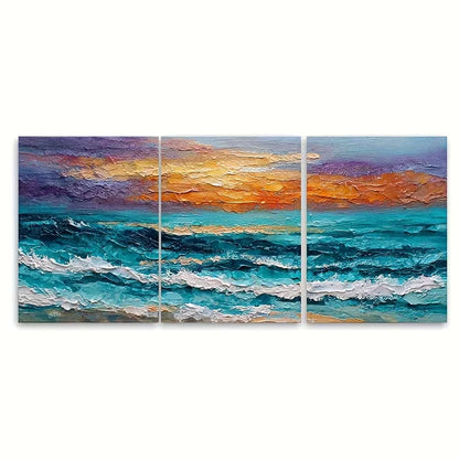 3pcs Vibrant Sunrise & Waves Metal Print Ready to Hang Art