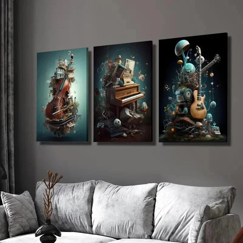 3pcs Violin Piano Guitar & Whimsical Objects Wall Art Set Canvas Framed 60x90cm - High Quality Print 100% Australian Made Wall Canvas Ready to Hang