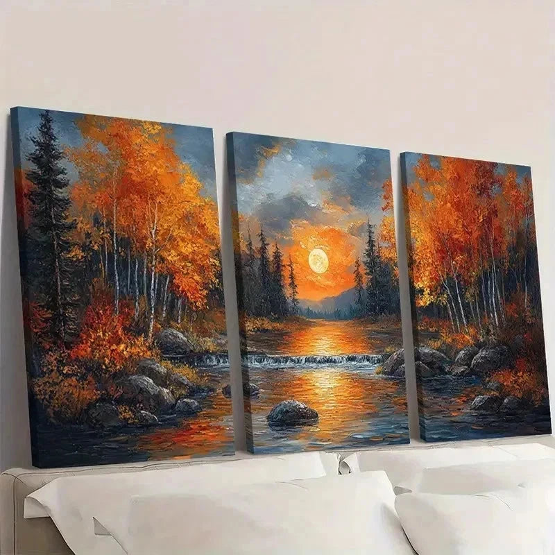 3pcs Autumn Moonlit Forest Canvas Art Wall Art Set Canvas Framed 60x90cm - High Quality Print 100% Australian Made Wall Canvas Ready to Hang - Bella Home Decor