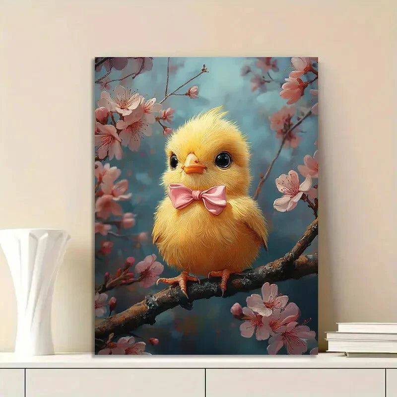 Cute Yellow Chick with an Adorable Pink Bow Sitting  40x60cm Metal Print Ready to Hang - Bella Home Decor