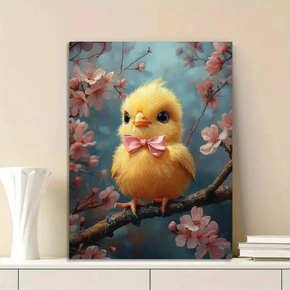 Cute Yellow Chick with an Adorable Pink Bow Sitting  40x60cm Metal Print Ready to Hang - Bella Home Decor